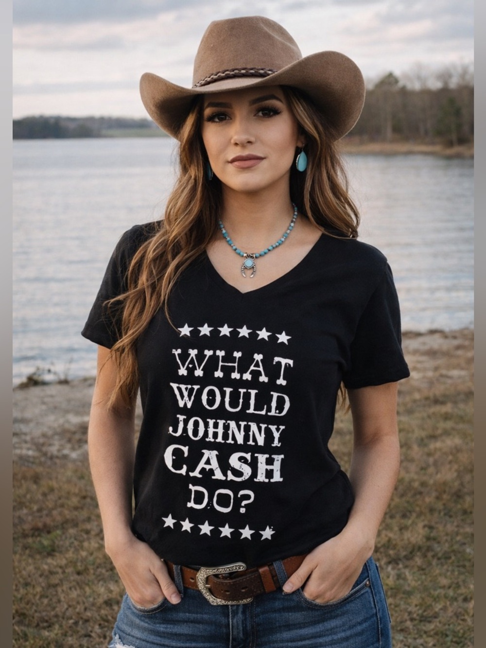 Cowgirl Justice “What Would Johnny Cash Do?” Black Graphic Tee with White Text